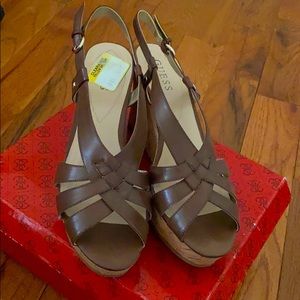 Guess Brown Strappy Cris Cross Cork Wedges WGKAYCE